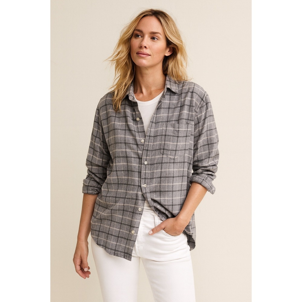 Frank & Eileen Women's Joedy Flannel Grey Plaid Button Down Shirt- Size Large